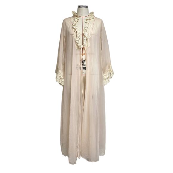 Vintage Intime Womens Size L Cream Sheer Lace Ruffle Robe - Picture 1 of 11